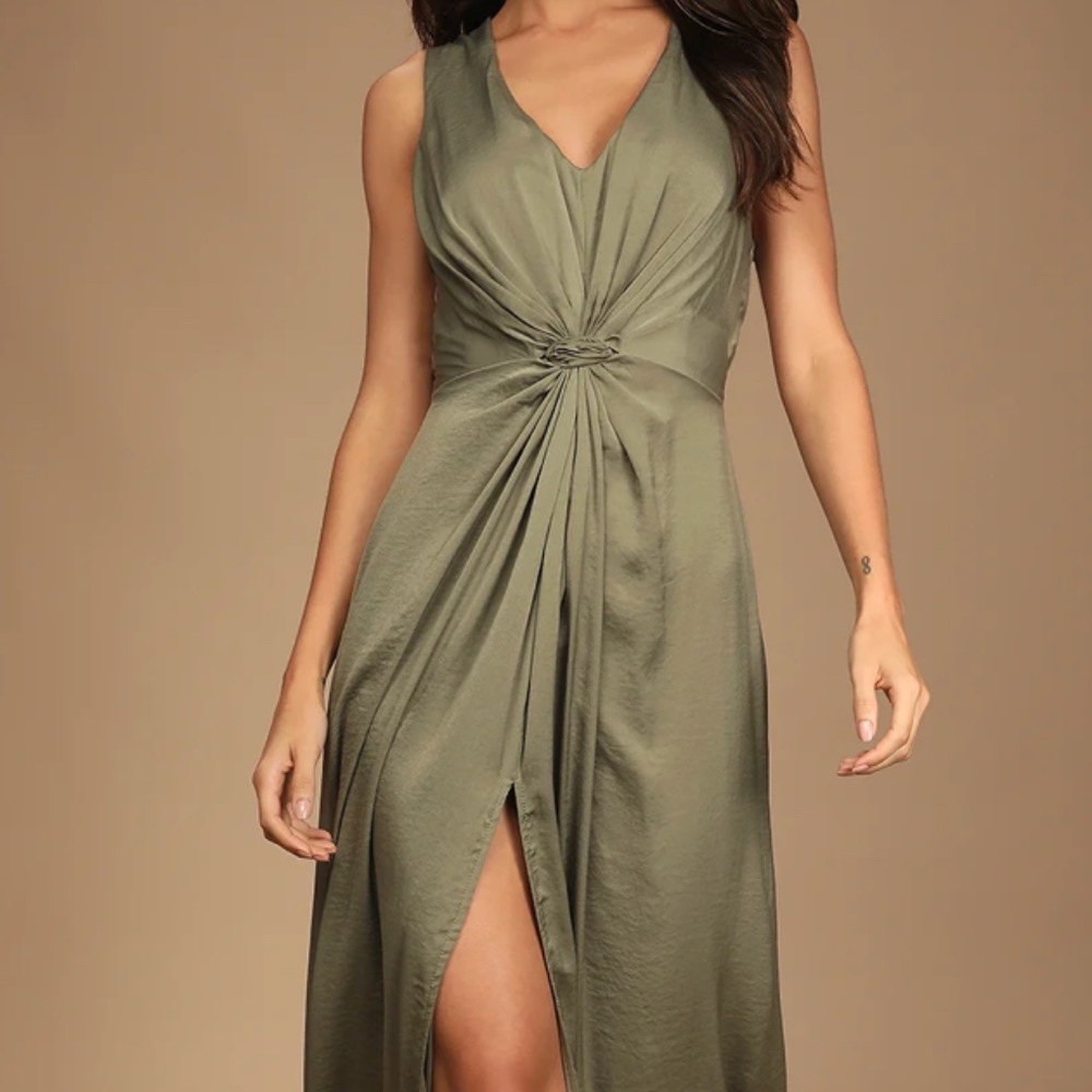 Lulu's See Me Stun Olive Green Sleeveless Knotted Maxi Dress